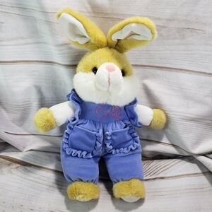 SKM Tan White Bunny Rabbit Velour Blue Overalls Plush Stuffed Toy 12 Inch